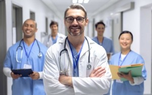 diverse medical team of doctors looking at camera UW9F7DT